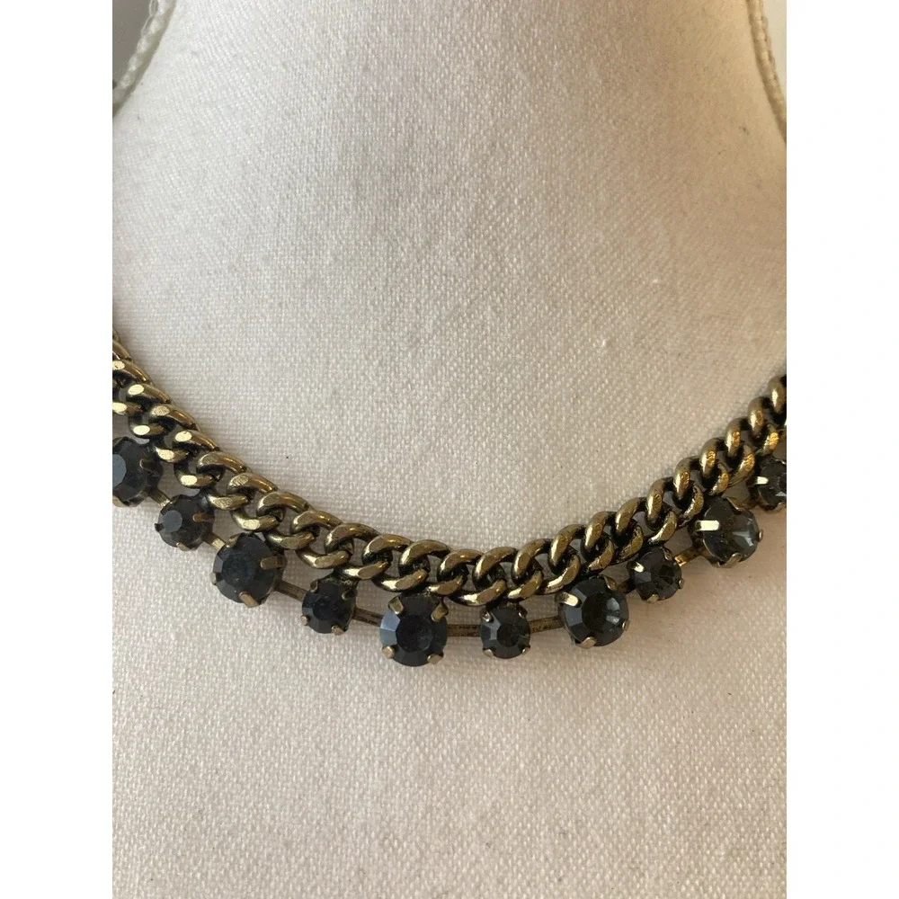 Gold Tone Curb Chain Necklace Charcoal Grey Rhinestone Statement‎ Collar Couture